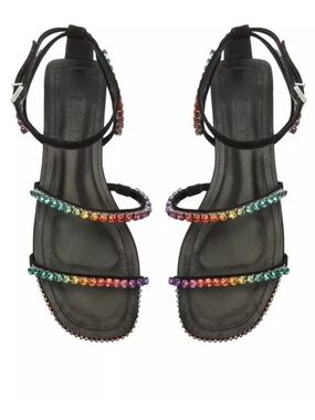 SCHUTZ Black Flat Sandal with Rainbow Crystal Straps